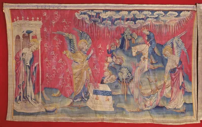 Le cinquième et le sixième flacon : Les cinquième et sixième anges versent leurs flacons sur le trône et dans le fleuve Euphrate, de la Tapisserie de l